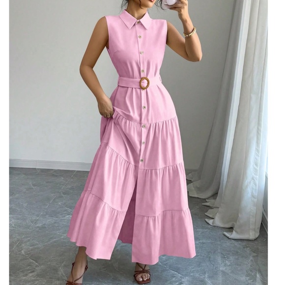 Solid Button Down Belted High Waisted Sleeveless Maxi Dress - Picture 4 of 8